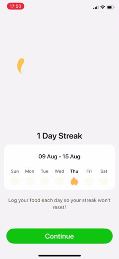 Calo full-screen one day streak with the week laid out